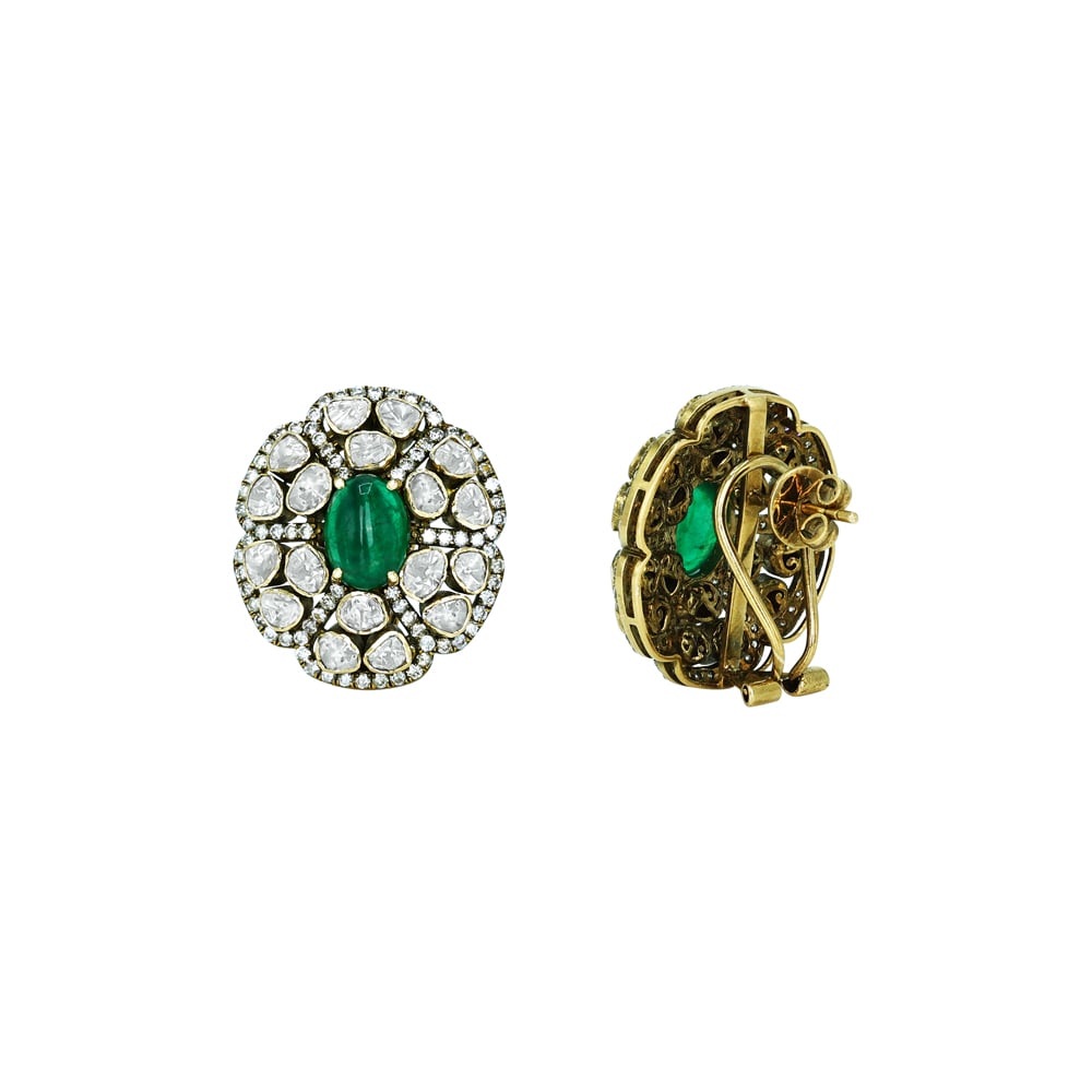 Emerald-Centered Polki Stud Antique Earrings with Floral Diamond Halo